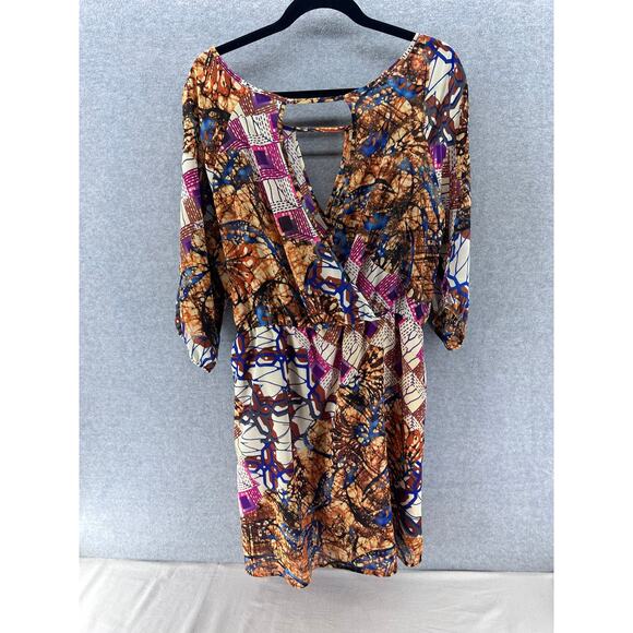 GLAM Women's sz L Boho Tie Dye Printed Dress Slit Sleeve V Faux Wrap - Picture 4 of 6